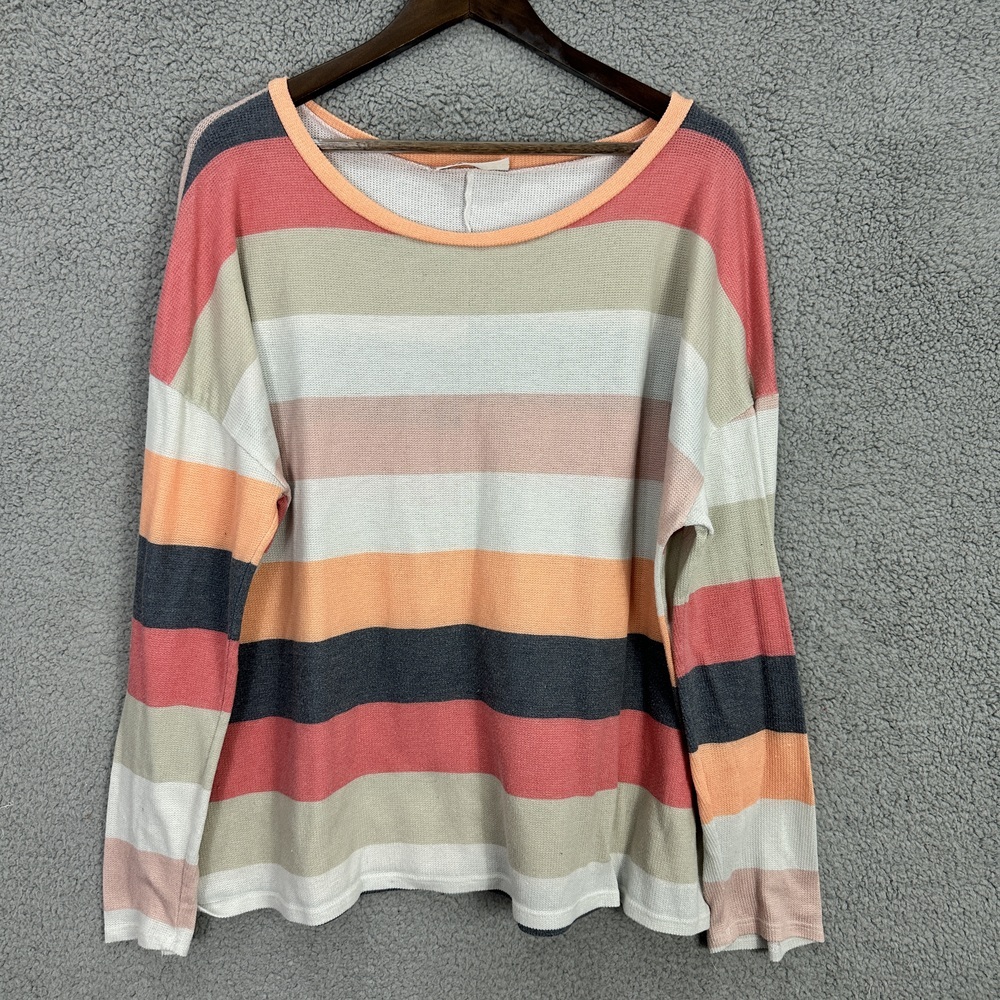 Haptics Waffle Knit Top Womens XL Multicolor Striped‎ Relaxed Boho Thermal Scoop